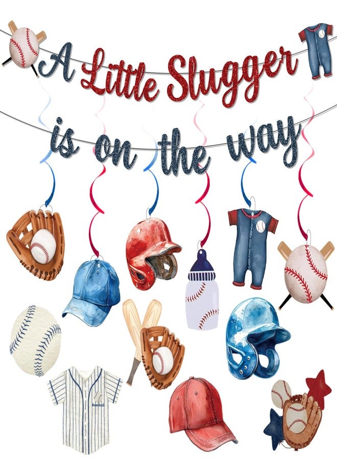 MZ.ogm Baseball Baby Shower Decorations, A Little Slugger Is On The Way Banner Hanging Swirls Stickers, Baseball Garland Banner for Baby Boy Sport Fan Wall Ceiling Decor - Image 1