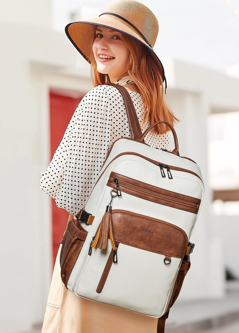 Shrrie Vegan Leather Laptop Backpack for Women,17 Inch Computer Backpack Purse for Work Business College Travel Teacher Nurse with Anti-theft Pocket & Giant Tumbler Holder Pocket,Beige with Brown - Image 2