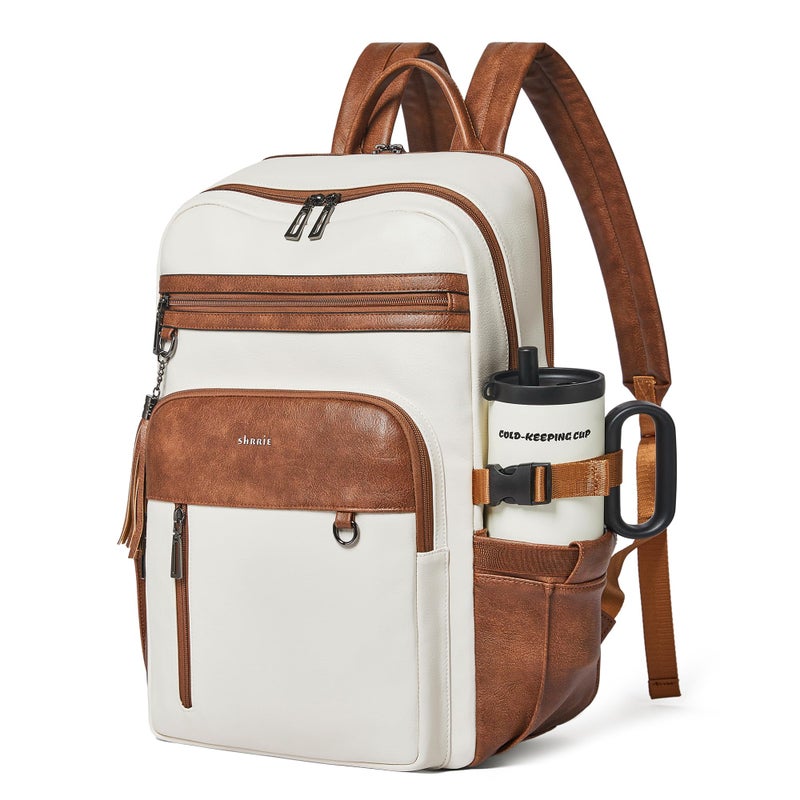 Shrrie Vegan Leather Laptop Backpack for Women,17 Inch Computer Backpack Purse for Work Business College Travel Teacher Nurse with Anti-theft Pocket & Giant Tumbler Holder Pocket,Beige with Brown - Image 1