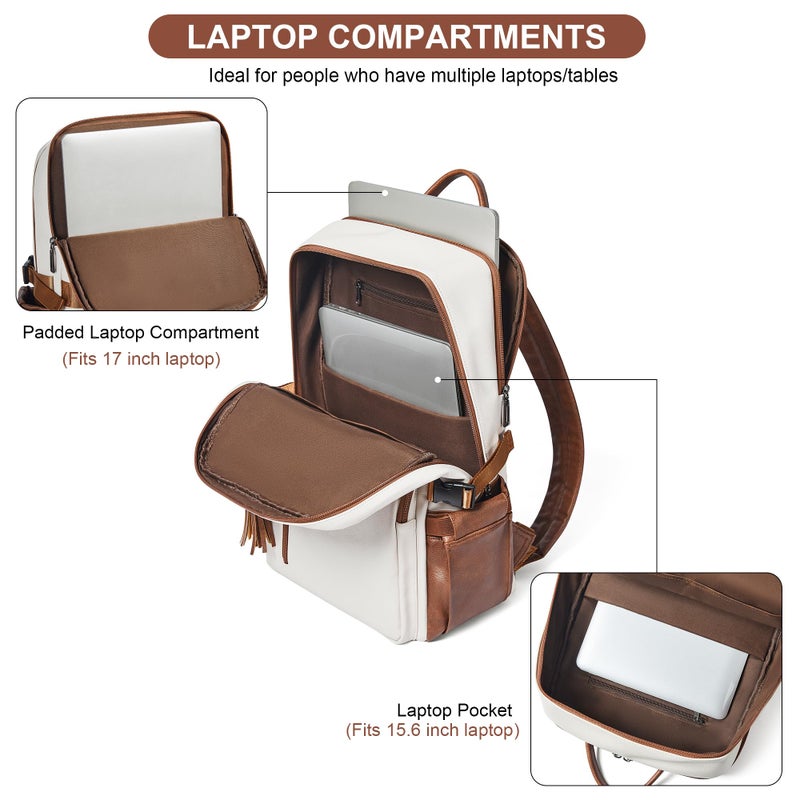 Shrrie Vegan Leather Laptop Backpack for Women,17 Inch Computer Backpack Purse for Work Business College Travel Teacher Nurse with Anti-theft Pocket & Giant Tumbler Holder Pocket,Beige with Brown - Image 5