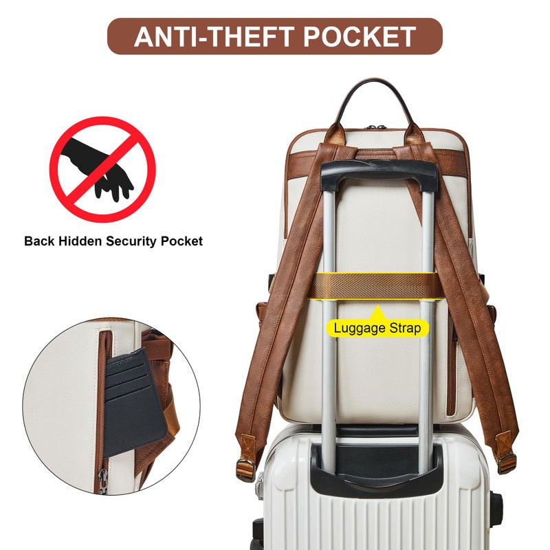 Shrrie Vegan Leather Laptop Backpack for Women,17 Inch Computer Backpack Purse for Work Business College Travel Teacher Nurse with Anti-theft Pocket & Giant Tumbler Holder Pocket,Beige with Brown - Image 4