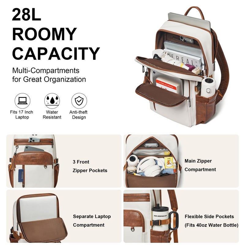 Shrrie Vegan Leather Laptop Backpack for Women,17 Inch Computer Backpack Purse for Work Business College Travel Teacher Nurse with Anti-theft Pocket & Giant Tumbler Holder Pocket,Beige with Brown - Image 3