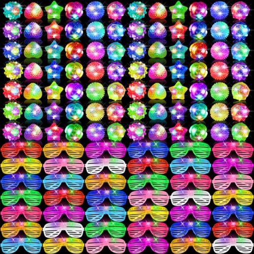 UZLU 100 Pcs LED Light Up Party Favors Bulk Glow in the Dark Glasses Rings 10 Color LED Glow Glasses Neon Sunglasses 6 Style Finger Lights Flashing Ring for Birthday Wedding Neon Party Decor - Image 1