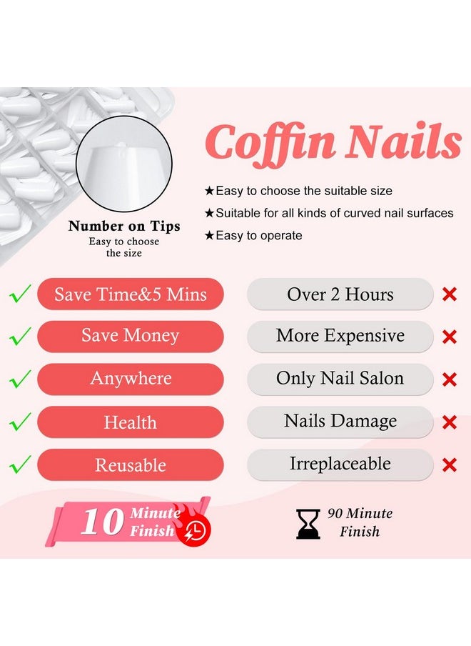 لاك فورايفر - 240 قطعة من أظافر Coffin Press On Nails، أظافر صناعية متوسطة الحجم، أظافر لاصقة بيضاء، أظافر قصيرة من نوع Ballerina Coffin، أظافر صناعية من نوع Acrylic، أظافر صناعية كاملة التغطية مع علامات تبويب لاصقة - Image 1