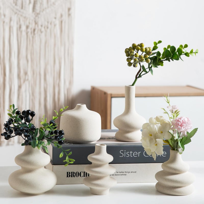 Tenforie Small White Ceramic Vases Set of 5, Mini Decorative Boho Vases for Flower, Wedding & Home Decor - Image 2