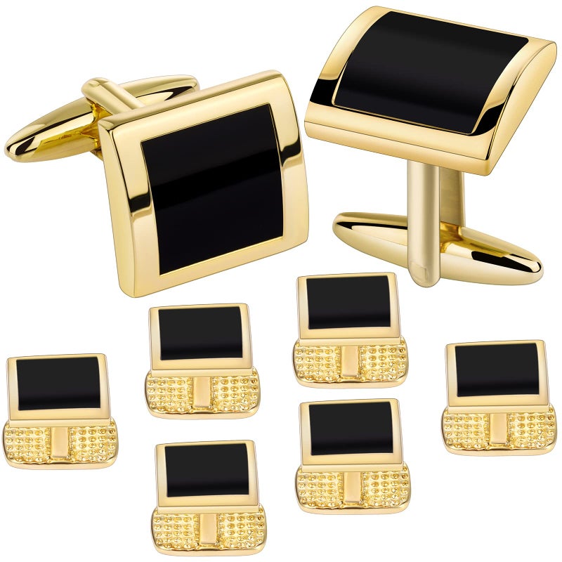 HAWSON Cufflinks and Studs for Men-Mens Fashion Cufflinks and Tuxedo Shirt Studs Set for Regular Wedding Business Accessories (Gold +Black Enamel) - Image 1