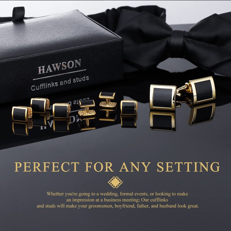 HAWSON Cufflinks and Studs for Men-Mens Fashion Cufflinks and Tuxedo Shirt Studs Set for Regular Wedding Business Accessories (Gold +Black Enamel) - Image 2