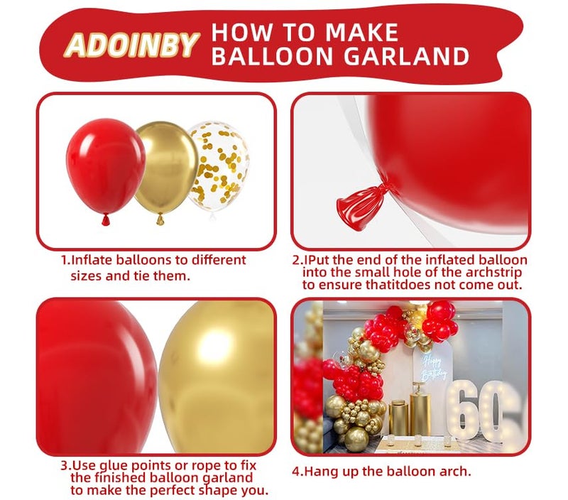 ADOINBY Red and Gold Balloon Arch Kit, ADOINBY 140Pcs Gold Balloon Red Balloon Confetti Balloon 18 12 10 5 Inch Different Size Balloons for Valentine's Day Wedding Birthday Engagements Anniversary Decoration - Image 3