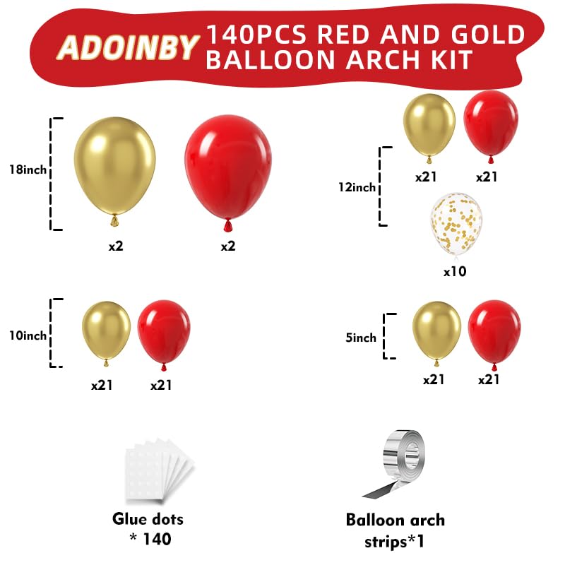 ADOINBY Red and Gold Balloon Arch Kit, ADOINBY 140Pcs Gold Balloon Red Balloon Confetti Balloon 18 12 10 5 Inch Different Size Balloons for Valentine's Day Wedding Birthday Engagements Anniversary Decoration - Image 2