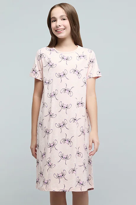 R&B Angel Print Nightdress with Crew Neck and Short Sleeves