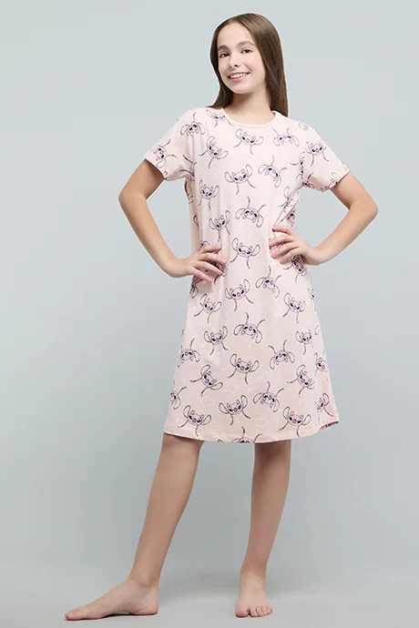 R&B Angel Print Nightdress with Crew Neck and Short Sleeves