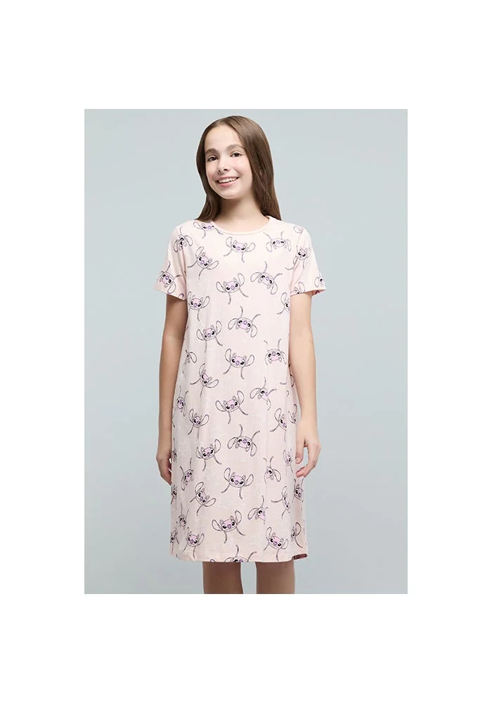 R&b Angel Print Nightdress with Crew Neck and Short Sleeves