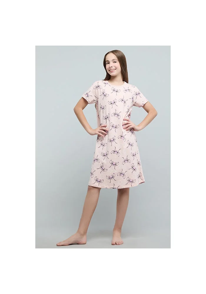 R&b Angel Print Nightdress with Crew Neck and Short Sleeves