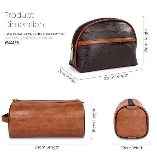 SNDIA 2-Set PU Leather Toiletry Travel Bags for Men and Women, Shaving Kit Bag, Makeup Cosmetic Pouch for Women and Men (Him & Her) Brown - Image 2