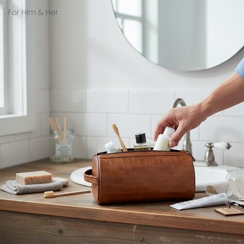SNDIA 2-Set PU Leather Toiletry Travel Bags for Men and Women, Shaving Kit Bag, Makeup Cosmetic Pouch for Women and Men (Him & Her) Brown - Image 5