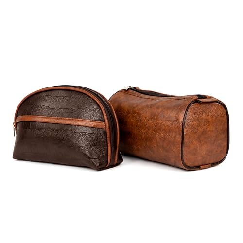 SNDIA 2-Set PU Leather Toiletry Travel Bags for Men and Women, Shaving Kit Bag, Makeup Cosmetic Pouch for Women and Men (Him & Her) Brown - Image 1