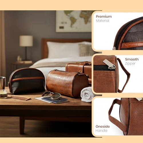SNDIA 2-Set PU Leather Toiletry Travel Bags for Men and Women, Shaving Kit Bag, Makeup Cosmetic Pouch for Women and Men (Him & Her) Brown - Image 4