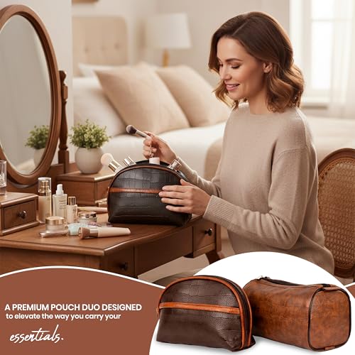 SNDIA 2-Set PU Leather Toiletry Travel Bags for Men and Women, Shaving Kit Bag, Makeup Cosmetic Pouch for Women and Men (Him & Her) Brown - Image 3