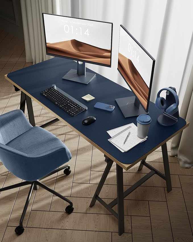 AROPANA Vegan Leather Desk Mat | Large Reversible Mouse Pad & Computer Table Protector | Dual-Side Waterproof Extended Laptop Pad with Edge-Stitched Design (120x60CM, Navy Blue and Yellow) - Image 3