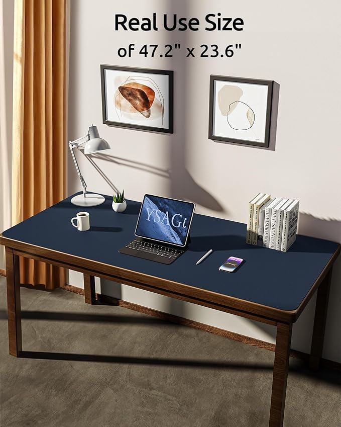 AROPANA Vegan Leather Desk Mat | Large Reversible Mouse Pad & Computer Table Protector | Dual-Side Waterproof Extended Laptop Pad with Edge-Stitched Design (120x60CM, Navy Blue and Yellow) - Image 2