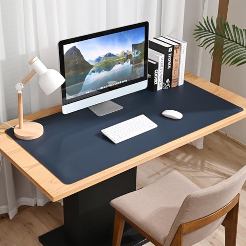 AROPANA Vegan Leather Desk Mat | Large Reversible Mouse Pad & Computer Table Protector | Dual-Side Waterproof Extended Laptop Pad with Edge-Stitched Design (120x60CM, Navy Blue and Yellow) - Image 4