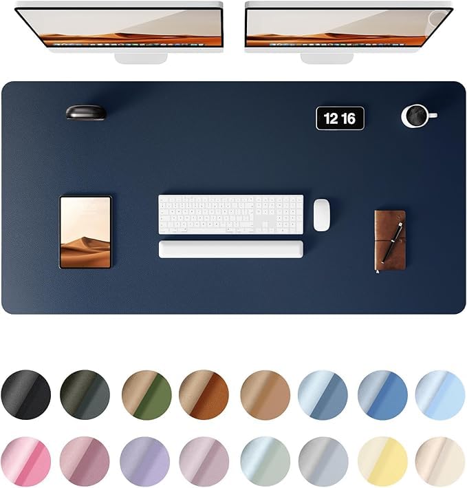 AROPANA Vegan Leather Desk Mat | Large Reversible Mouse Pad & Computer Table Protector | Dual-Side Waterproof Extended Laptop Pad with Edge-Stitched Design (120x60CM, Navy Blue and Yellow) - Image 1