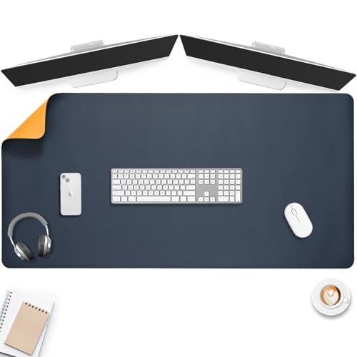 AROPANA Vegan Leather Desk Mat | Large Reversible Mouse Pad & Computer Table Protector | Dual-Side Waterproof Extended Laptop Pad with Edge-Stitched Design (120x60CM, Navy Blue and Yellow) - Image 5