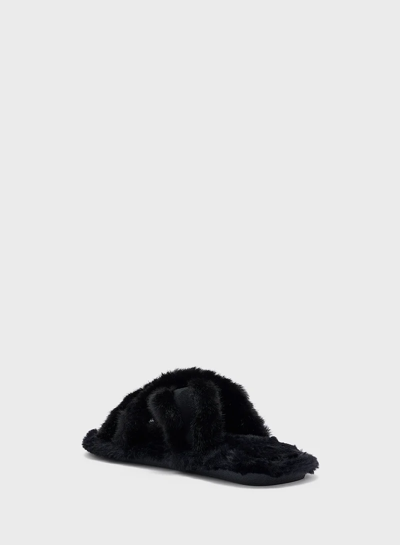 جينجر Heart Trim Crossover Fluffy Bedroom Slipper