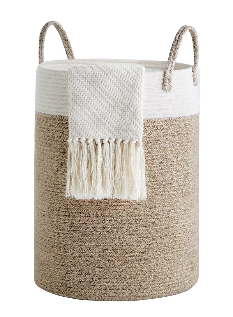 Excefore Cotton Rope Woven Laundry Basket, 38 x 50cm Woven Clothes Basket 58L, Cotton Rope Blanket Storage Basket, Collapsible Nursery Hamper Basket with Handle for Decoration or Storage, White and Brown - Image 1