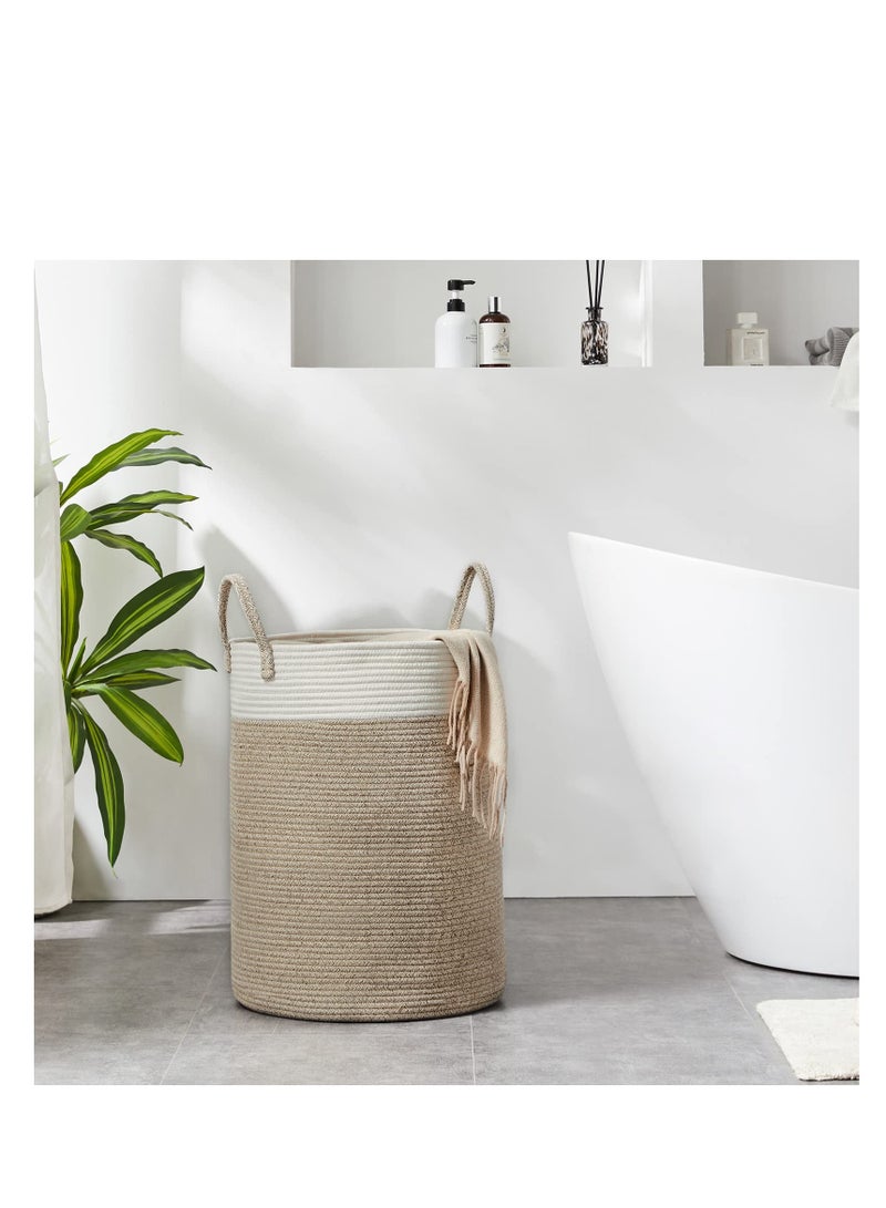 Excefore Cotton Rope Woven Laundry Basket, 38 x 50cm Woven Clothes Basket 58L, Cotton Rope Blanket Storage Basket, Collapsible Nursery Hamper Basket with Handle for Decoration or Storage, White and Brown - Image 2