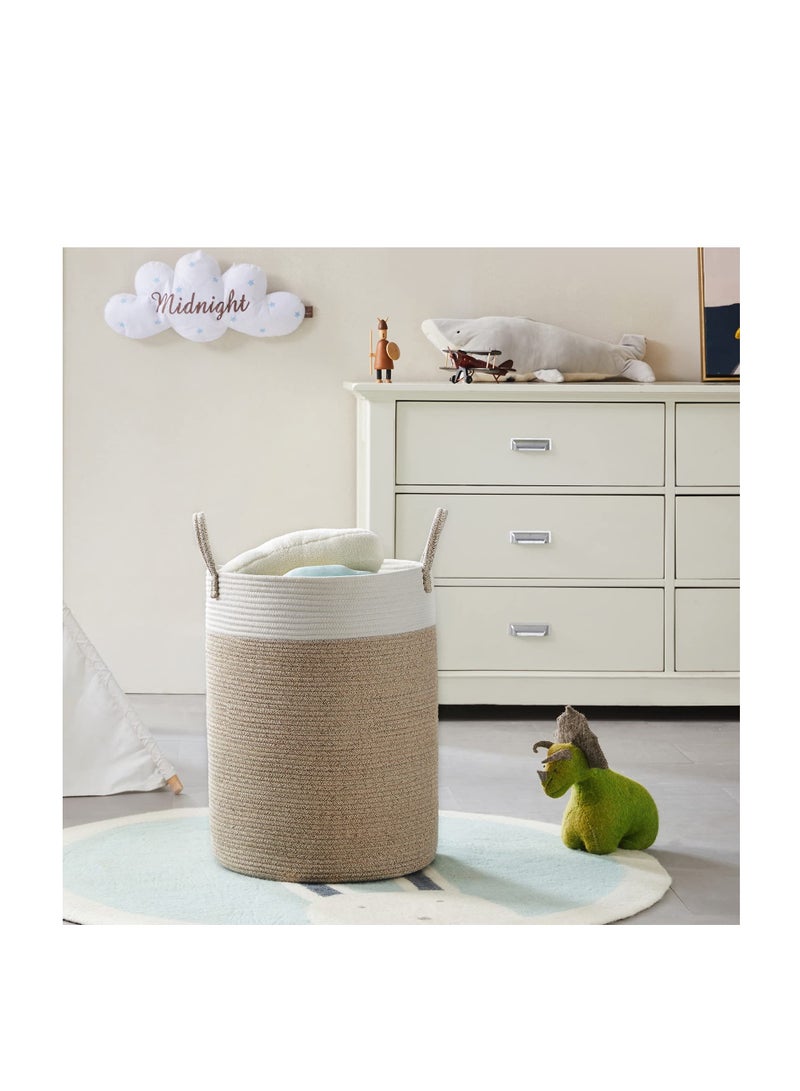 Excefore Cotton Rope Woven Laundry Basket, 38 x 50cm Woven Clothes Basket 58L, Cotton Rope Blanket Storage Basket, Collapsible Nursery Hamper Basket with Handle for Decoration or Storage, White and Brown - Image 3