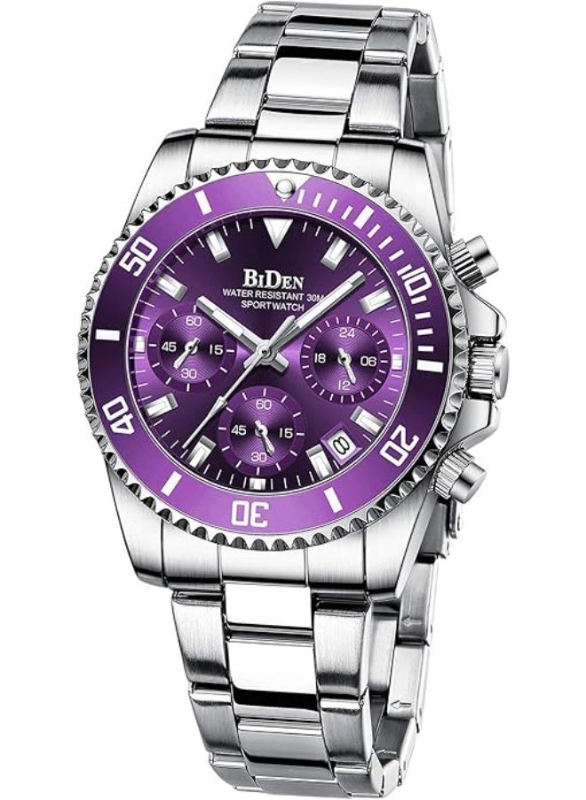 BIDEN Women Elegant Chronograph Rotatable Bezel Mineral Glass Luminous Watch Stainless Steel Waterproof Date Analog Quartz Watch Fashion Business Dress Wrist Watch - Image 1