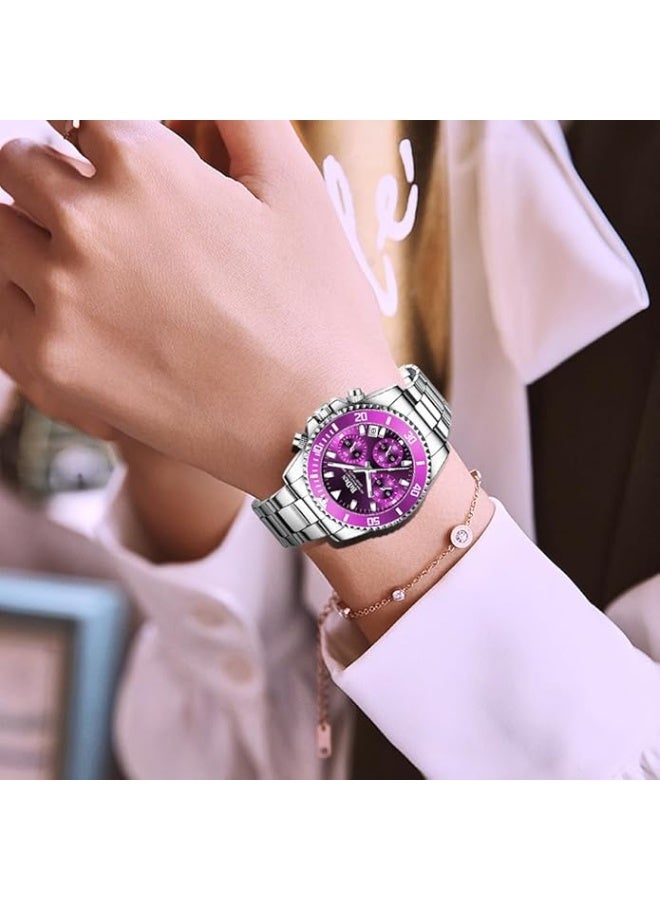 BIDEN Women Elegant Chronograph Rotatable Bezel Mineral Glass Luminous Watch Stainless Steel Waterproof Date Analog Quartz Watch Fashion Business Dress Wrist Watch - Image 3