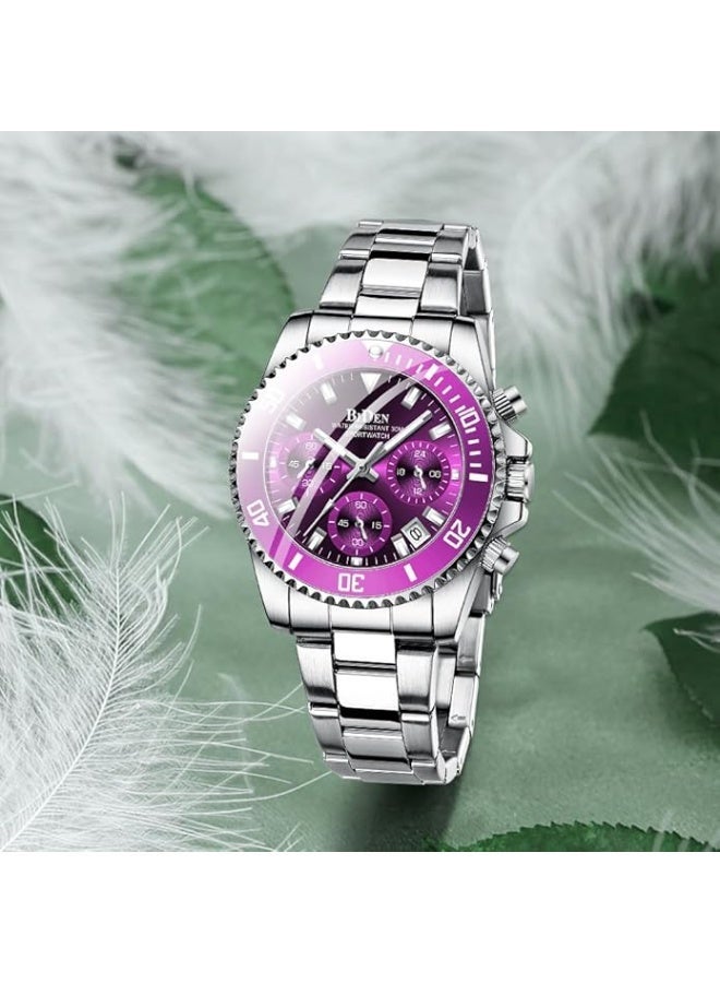BIDEN Women Elegant Chronograph Rotatable Bezel Mineral Glass Luminous Watch Stainless Steel Waterproof Date Analog Quartz Watch Fashion Business Dress Wrist Watch - Image 5