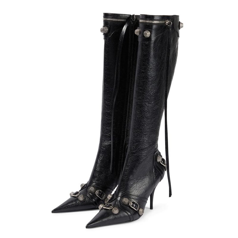 Oiamenne Knee High Boots for Women Fashion Slide Zipper Pointed Toe Stiletto Studded High Heel Rivets Tassel Boots Party Dress Shoes - Image 1