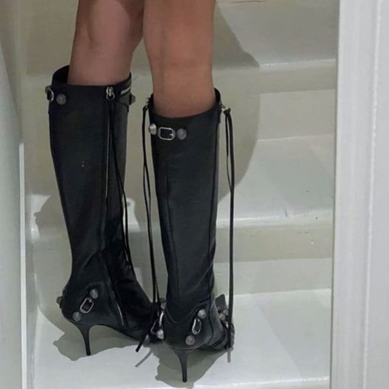 Oiamenne Knee High Boots for Women Fashion Slide Zipper Pointed Toe Stiletto Studded High Heel Rivets Tassel Boots Party Dress Shoes - Image 4