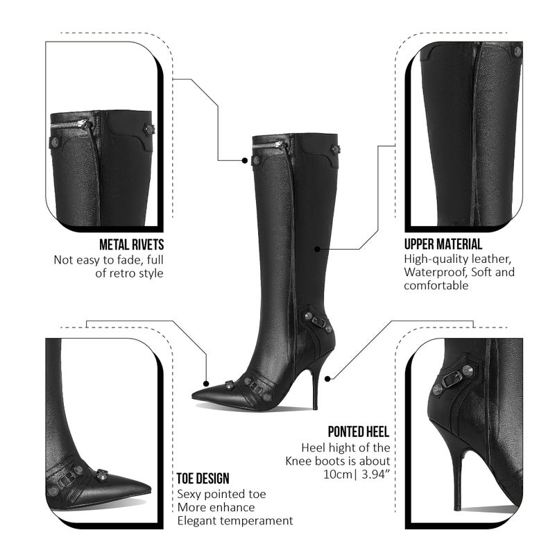 Oiamenne Knee High Boots for Women Fashion Slide Zipper Pointed Toe Stiletto Studded High Heel Rivets Tassel Boots Party Dress Shoes - Image 5