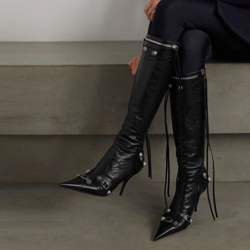 Oiamenne Knee High Boots for Women Fashion Slide Zipper Pointed Toe Stiletto Studded High Heel Rivets Tassel Boots Party Dress Shoes - Image 3