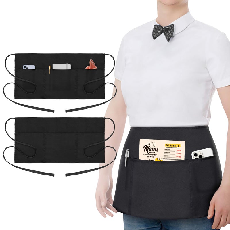 2 Pack Waist Apron with 3 Pockets  Water  Oil Resistant  Black Waitress Apron  Half Aprons for Women 12 Inch Server Apron with Pocket  Black Aprons for Servers  Waitress Apron with Pockets
