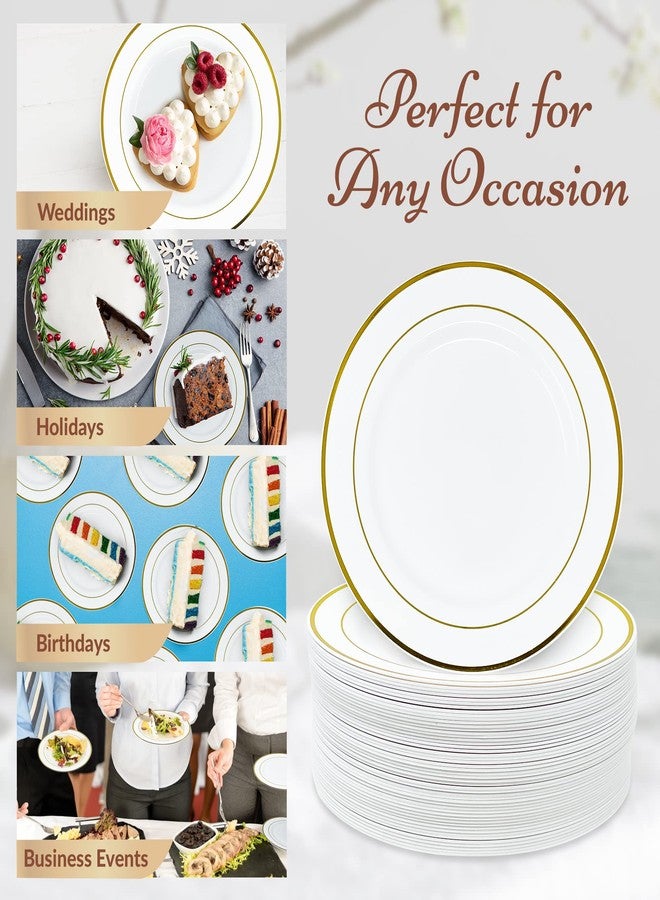 Reli. 110 Pcs Plastic Dessert Plates, Disposable (7.5 inch, White w/Gold Rim) | Plates for Party, Heavy Duty | Hard Plastic Small Dessert Platter for Wedding, Birthday, Salad/Appetizer (7.5") - Image 5
