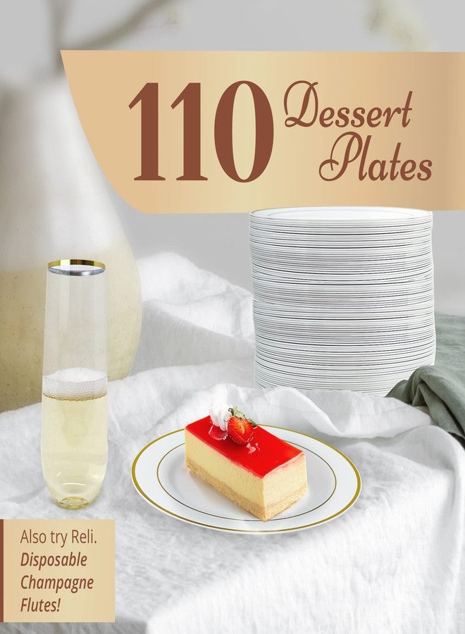 Reli. 110 Pcs Plastic Dessert Plates, Disposable (7.5 inch, White w/Gold Rim) | Plates for Party, Heavy Duty | Hard Plastic Small Dessert Platter for Wedding, Birthday, Salad/Appetizer (7.5") - Image 2