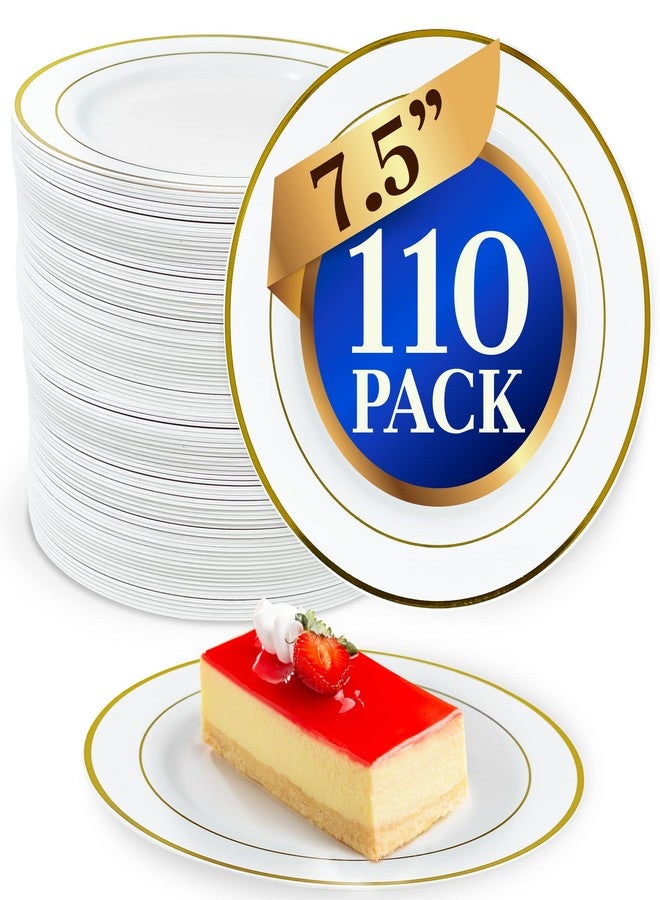 Reli. 110 Pcs Plastic Dessert Plates, Disposable (7.5 inch, White w/Gold Rim) | Plates for Party, Heavy Duty | Hard Plastic Small Dessert Platter for Wedding, Birthday, Salad/Appetizer (7.5") - Image 1