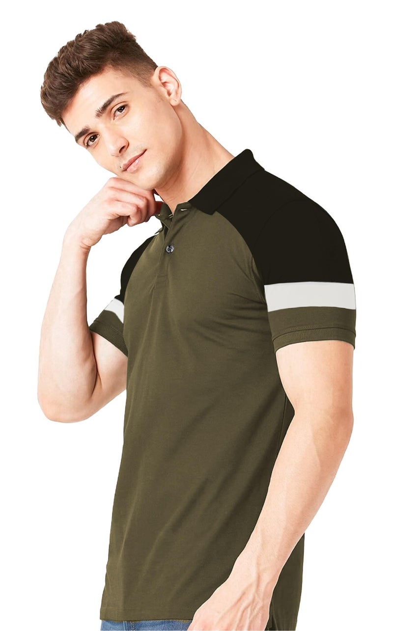 LEOTUDE Cotton Blend Regular Fit Polo Men'sT-Shirt (P67_Blak_Gry_P_Olive_M) - Image 2