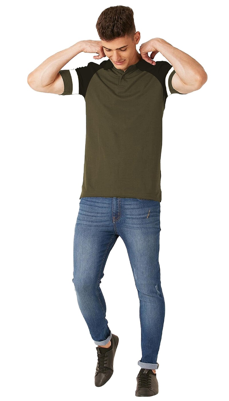 LEOTUDE Cotton Blend Regular Fit Polo Men'sT-Shirt (P67_Blak_Gry_P_Olive_M) - Image 4