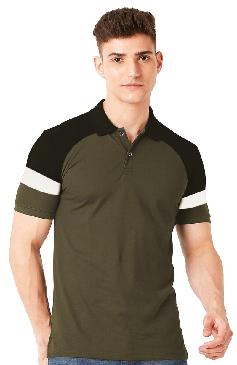 LEOTUDE Cotton Blend Regular Fit Polo Men'sT-Shirt (P67_Blak_Gry_P_Olive_M) - Image 1