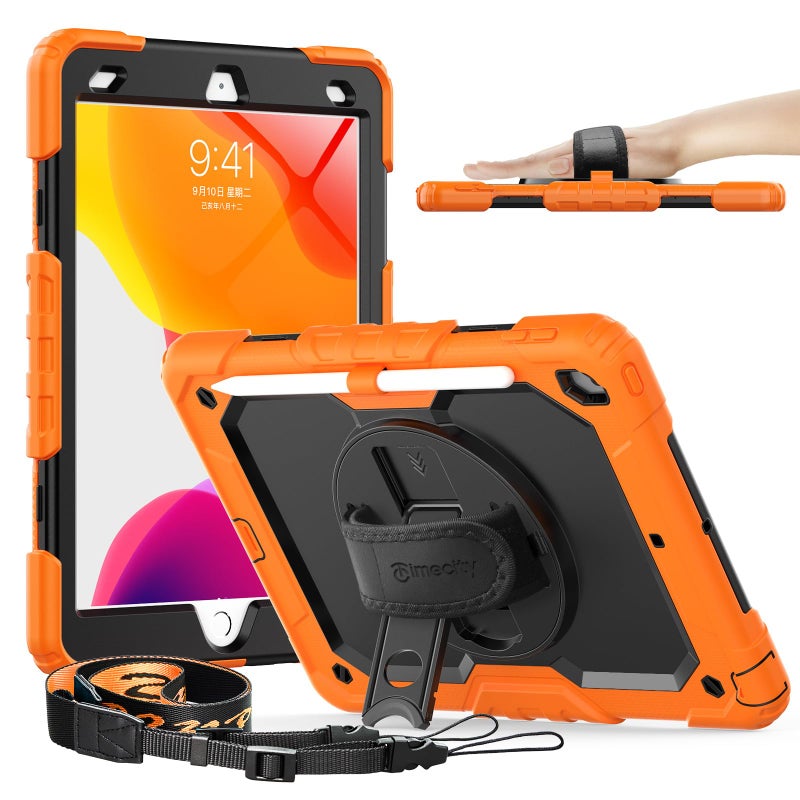 Timecity Case for iPad 9th 8th 7th Generation 102 inch Heavy Duty Protective Cover with Screen Protector Rotating Stand Shoulder Strap Pencil Holder KidsFriendly Orange