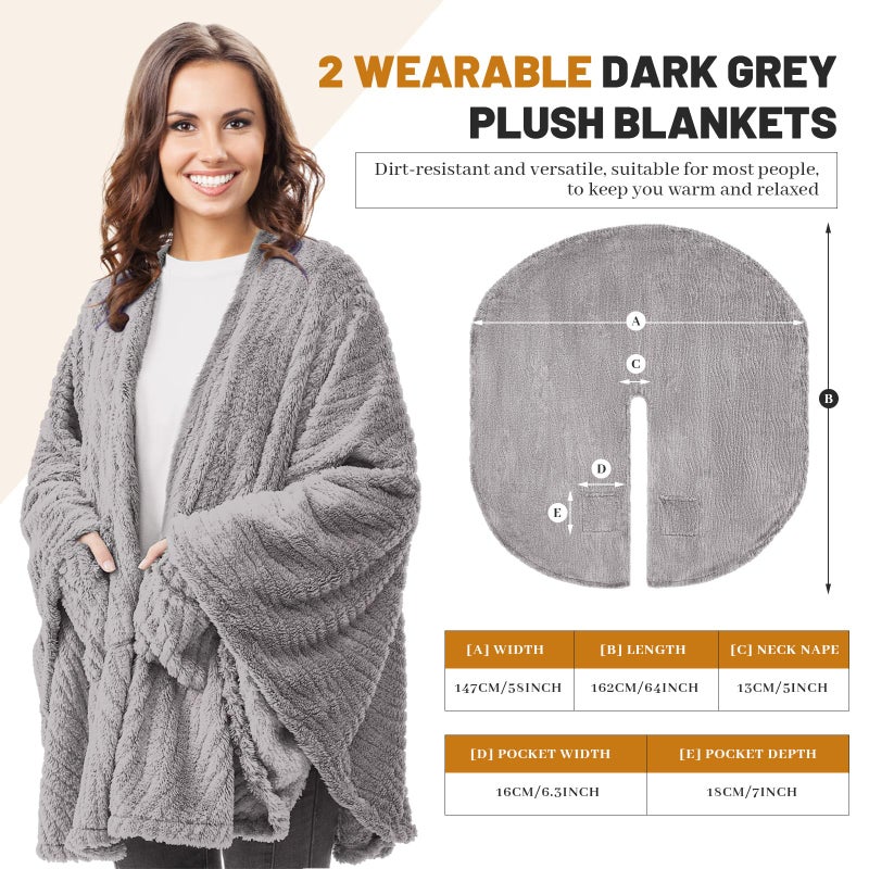 Breathffy 2 Pcs Fleece Wearable Blanket Winter Wrap Shawl with Pockets 58'' x 64'' Poncho Cape Warm Gifts for Adult Women Men Office Lounge Sofa (Gray,Fluff Polyester) - Image 3