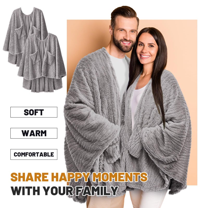 Breathffy 2 Pcs Fleece Wearable Blanket Winter Wrap Shawl with Pockets 58'' x 64'' Poncho Cape Warm Gifts for Adult Women Men Office Lounge Sofa (Gray,Fluff Polyester) - Image 5