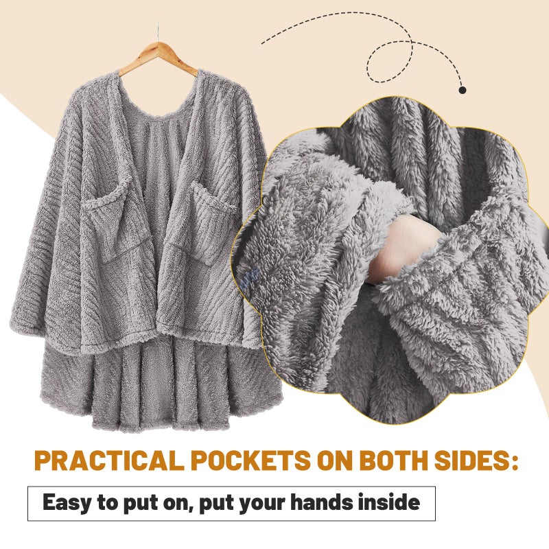 Breathffy 2 Pcs Fleece Wearable Blanket Winter Wrap Shawl with Pockets 58'' x 64'' Poncho Cape Warm Gifts for Adult Women Men Office Lounge Sofa (Gray,Fluff Polyester) - Image 4