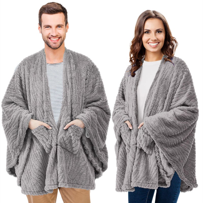 Breathffy 2 Pcs Fleece Wearable Blanket Winter Wrap Shawl with Pockets 58'' x 64'' Poncho Cape Warm Gifts for Adult Women Men Office Lounge Sofa (Gray,Fluff Polyester) - Image 1